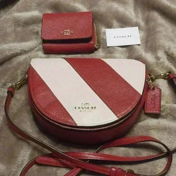 Coach Ellen Striped Red Chalk White Flap Crossbody Bag with Bifold Coach Wallet - Picture 1 of 9